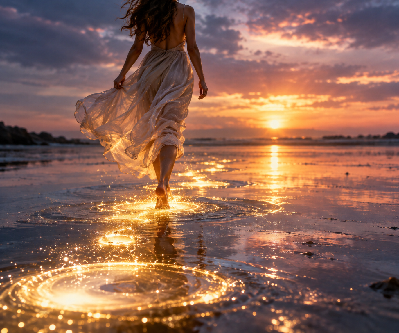 A person walking through luminous water at sunset